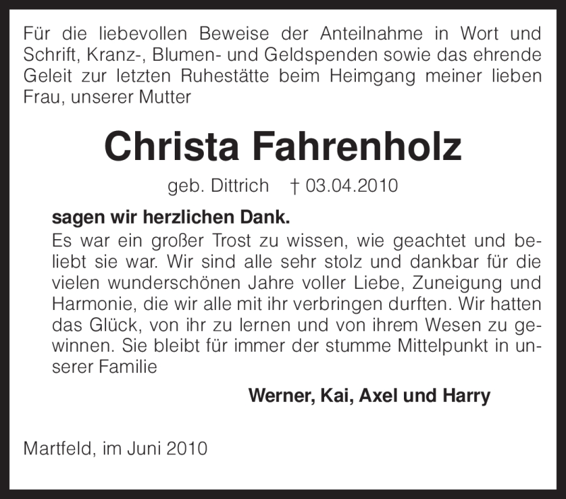  Traueranzeige für Christa Fahrenholz vom 01.06.2010 aus KREISZEITUNG SYKE