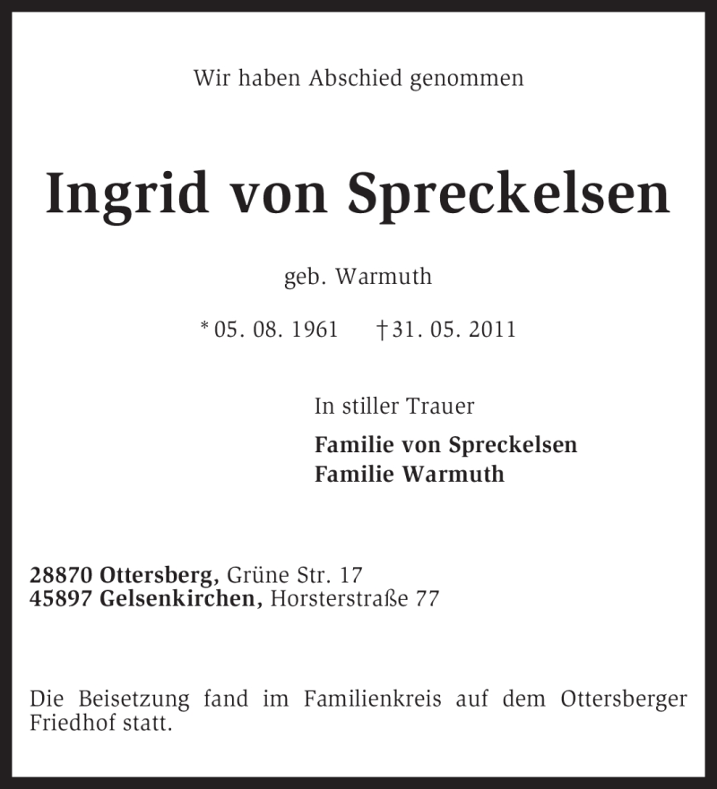  Traueranzeige für Ingrid von Spreckelsen vom 09.06.2011 aus KREISZEITUNG SYKE