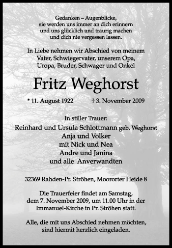 Traueranzeige von Fritz Weghorst von KREISZEITUNG SYKE