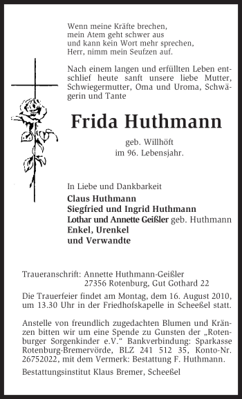 Traueranzeige von Frida Huthmann von KREISZEITUNG SYKE