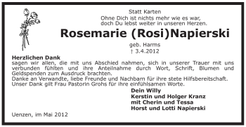 Traueranzeige von Rosemarie Napierski von KREISZEITUNG SYKE