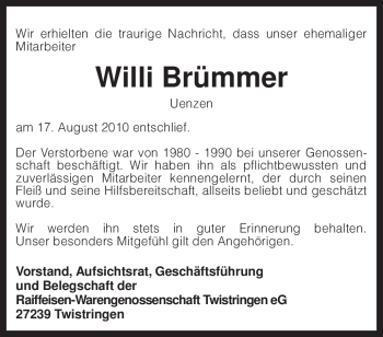 Traueranzeige von Willi Brümmer von KREISZEITUNG SYKE