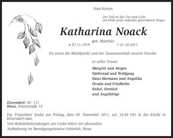 Traueranzeige von Katharina Noack von KREISZEITUNG SYKE