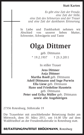 Traueranzeige von Olga Dittmer von KREISZEITUNG SYKE