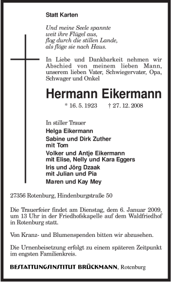Traueranzeige von Hermann Eikermann von KREISZEITUNG SYKE