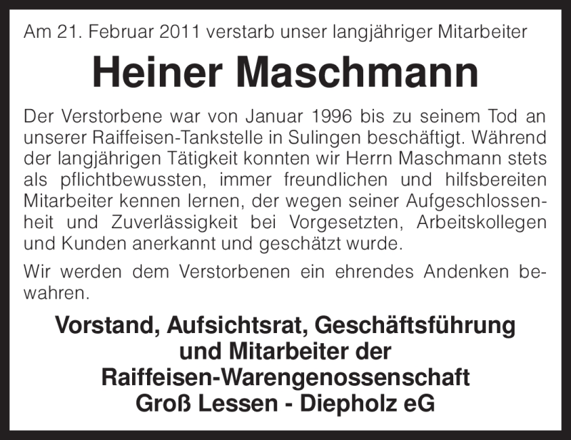  Traueranzeige für Heiner Maschmann vom 24.02.2011 aus KREISZEITUNG SYKE