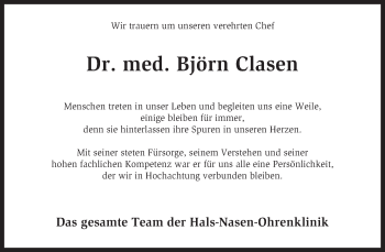 Traueranzeige von Björn Clasen von KRZ