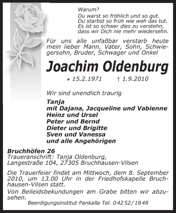 Traueranzeige von Joachim Oldenburg von KREISZEITUNG SYKE