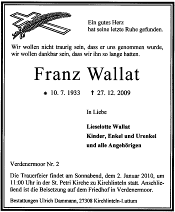 Traueranzeige von Franz Wallat von KREISZEITUNG SYKE