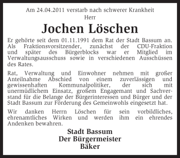 Traueranzeige von Jochen Löschen von KREISZEITUNG SYKE