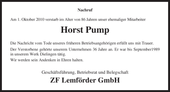 Traueranzeige von Horst Pump von KREISZEITUNG SYKE