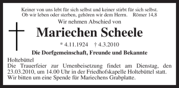 Traueranzeige von Mariechen Scheele von KREISZEITUNG SYKE