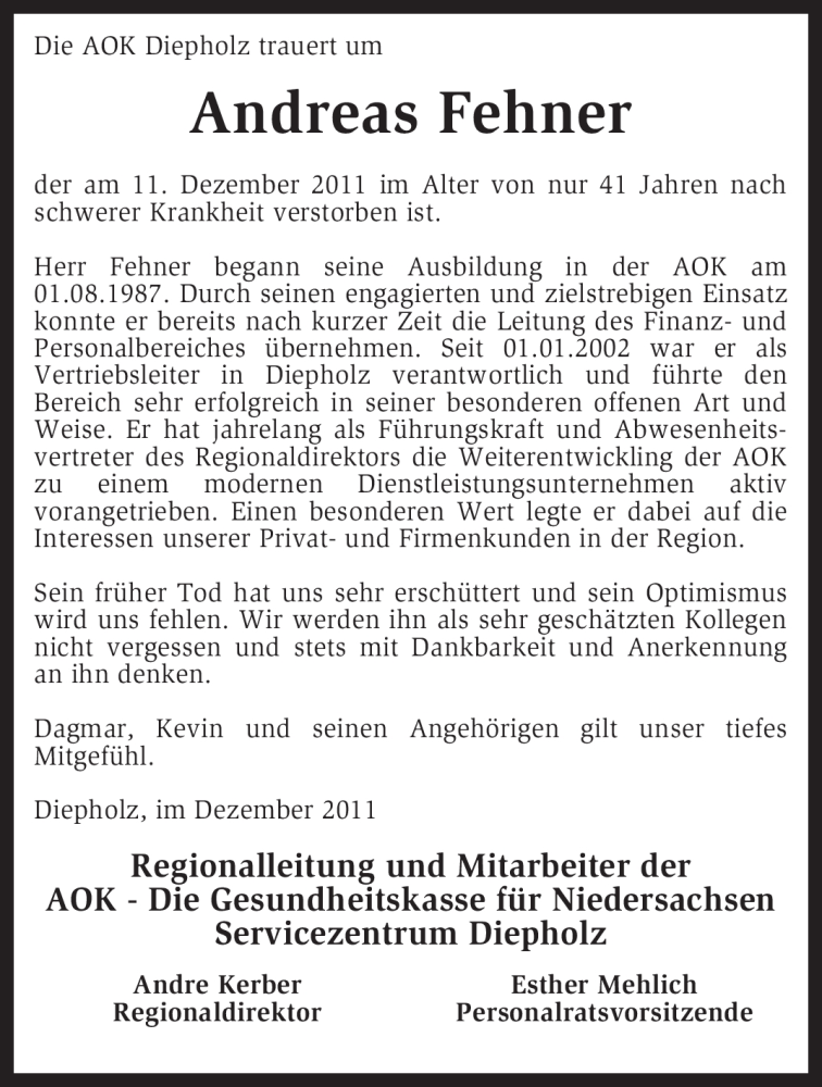  Traueranzeige für Andreas Fehner vom 14.12.2011 aus KREISZEITUNG SYKE