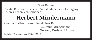 Traueranzeige von Herbert Mindermannl von KREISZEITUNG SYKE