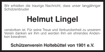 Traueranzeige von Helmut Lingel von KREISZEITUNG SYKE