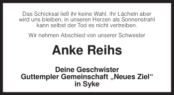 Traueranzeige von Anke Reihs von KREISZEITUNG SYKE