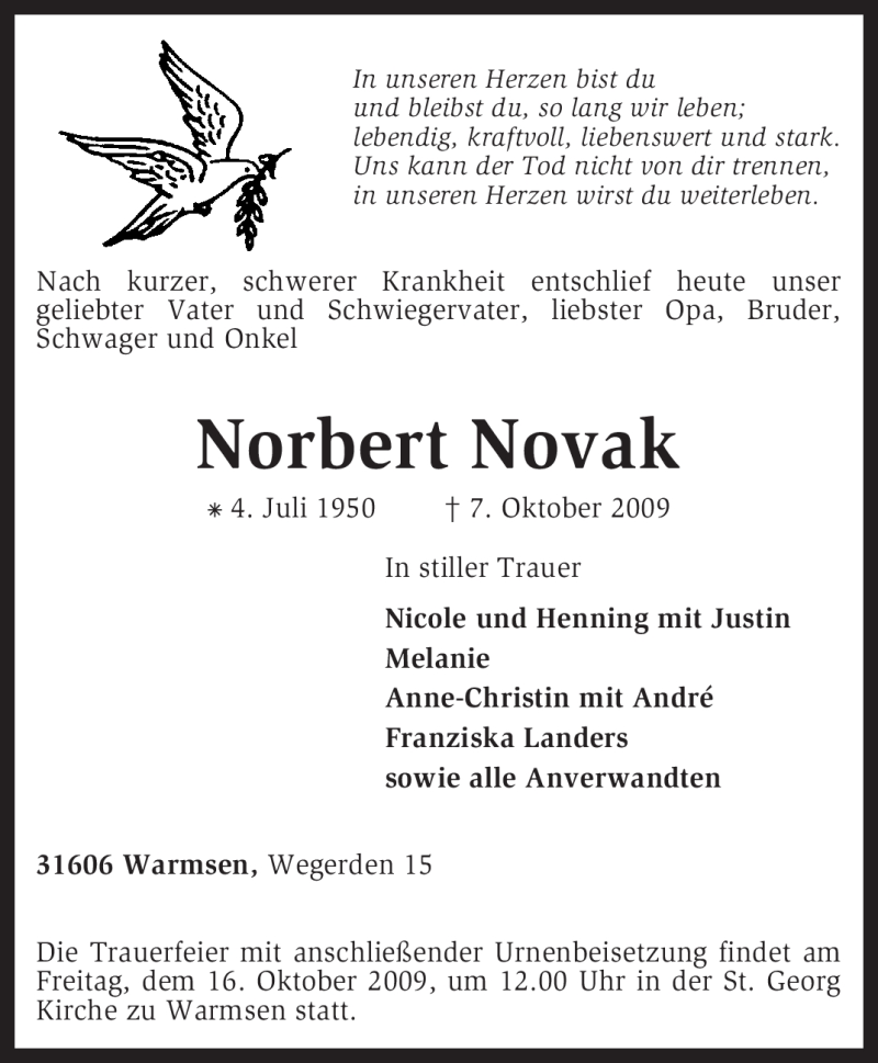  Traueranzeige für Norbert Novak vom 13.10.2009 aus KREISZEITUNG SYKE