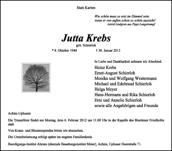 Traueranzeige von Jutta Krebs von KREISZEITUNG SYKE