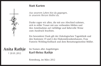 Traueranzeige von Anita Rathje von KREISZEITUNG SYKE