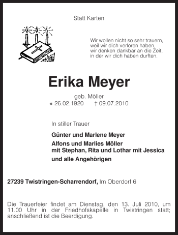 Traueranzeige von Erika Meyer von KREISZEITUNG SYKE