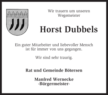 Traueranzeige von Horst Dubbels von KREISZEITUNG SYKE