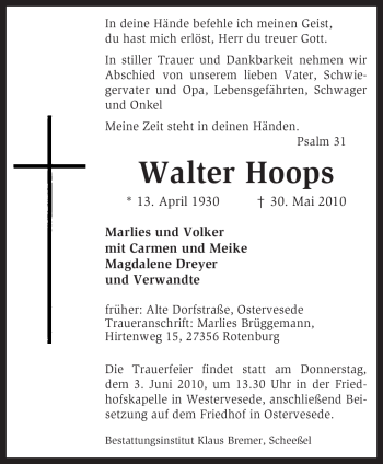 Traueranzeige von Walter Hoops von KREISZEITUNG SYKE