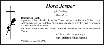 Traueranzeige von Dora Jasper von KREISZEITUNG SYKE