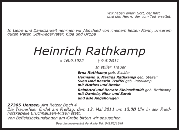 Traueranzeige von Heinrich Rathkamp von KREISZEITUNG SYKE