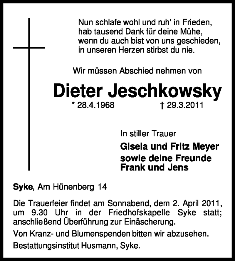  Traueranzeige für Dieter Jeschkowsky vom 01.04.2011 aus KREISZEITUNG SYKE