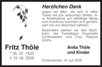 Traueranzeige von Fritz Thöle von KREISZEITUNG SYKE