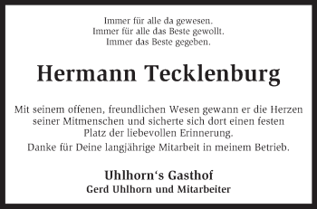 Traueranzeige von Hermann Tecklenburg von KRZ