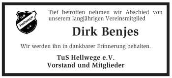 Traueranzeige von Dirk Benjes von KREISZEITUNG SYKE