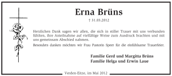 Traueranzeige von Erna Brüns von KREISZEITUNG SYKE