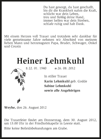 Traueranzeige von Heiner Lehmkuhl von KRZ