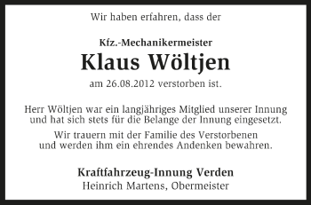 Traueranzeige von Klaus Wöltjen von KRZ