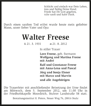 Traueranzeige von Walter Freese von KRZ