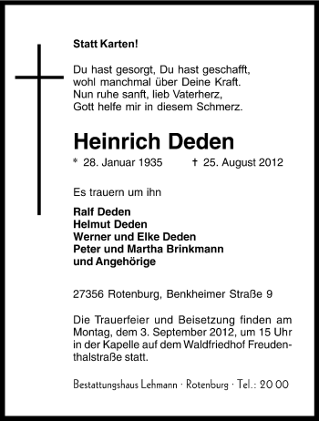 Traueranzeige von Heinrich Deden von KRZ
