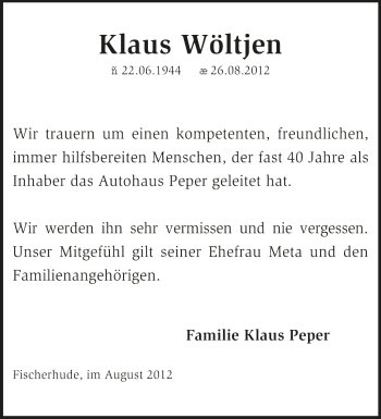 Traueranzeige von Klaus Wöltjen von KRZ