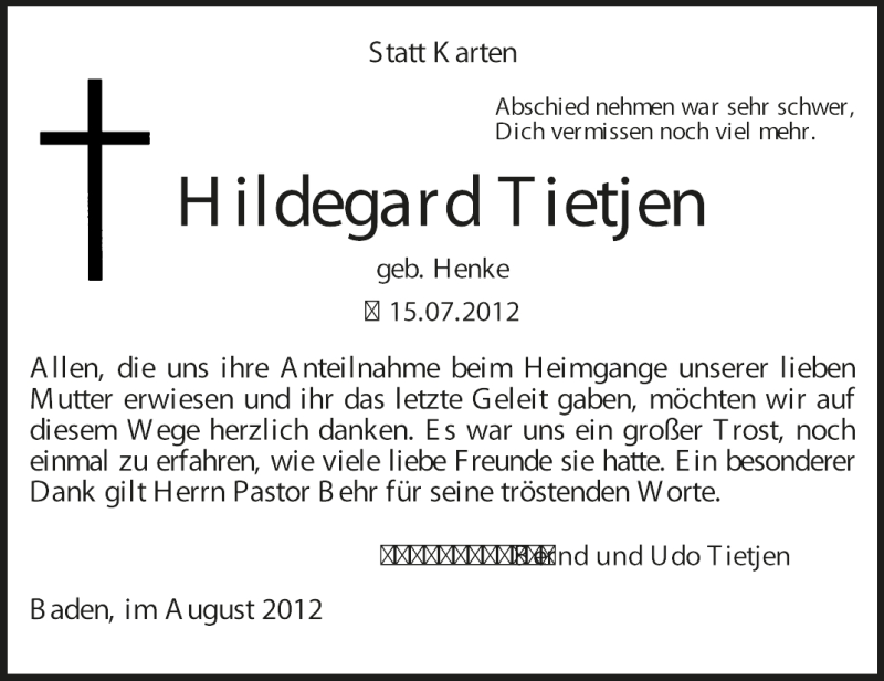  Traueranzeige für Hildegard Tietjen vom 01.09.2012 aus KRZ