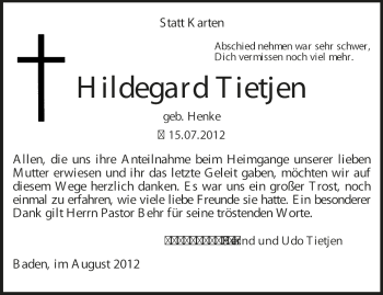 Traueranzeige von Hildegard Tietjen von KRZ