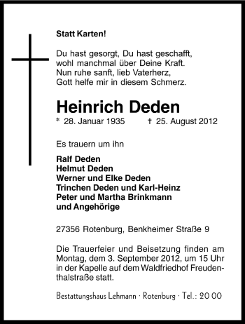 Traueranzeige von Heinrich Deden von KRZ