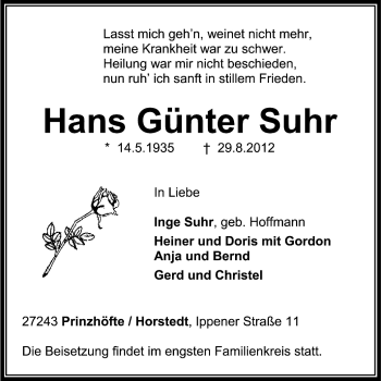 Traueranzeige von Hans Günter Suhr von KRZ