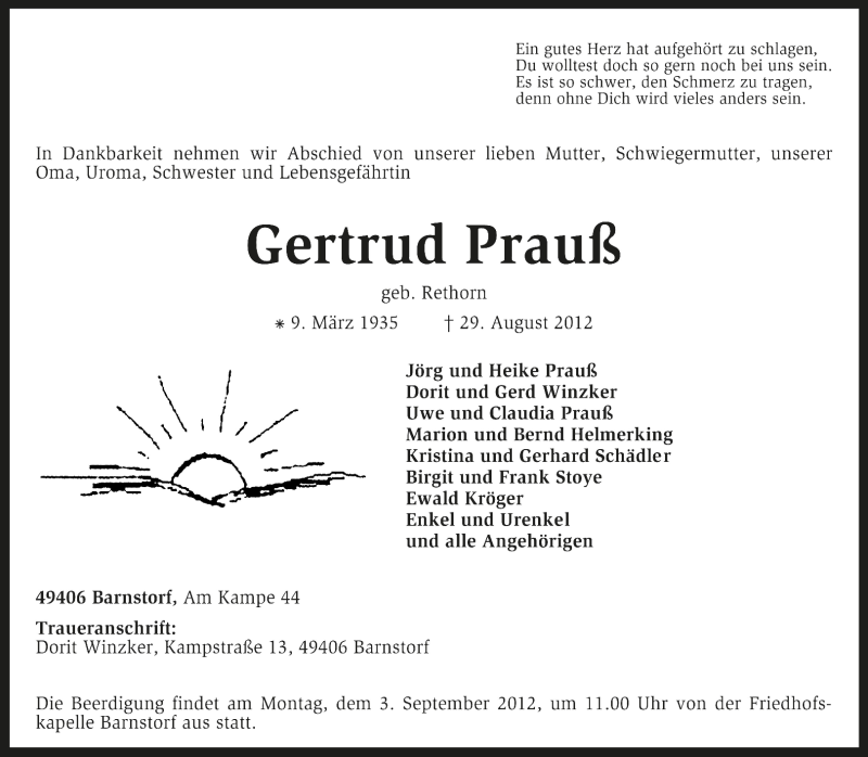  Traueranzeige für Gertrud Prauß vom 31.08.2012 aus KRZ