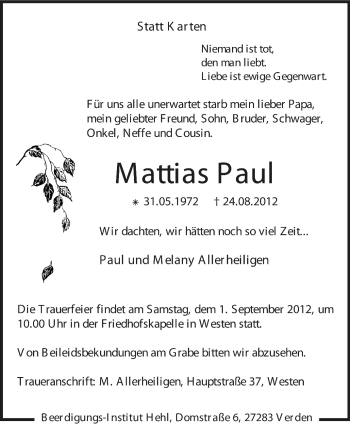 Traueranzeige von Mattias Paul von KRZ