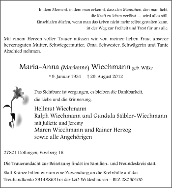 Traueranzeige von Maria-Anna Wiechmann von KRZ