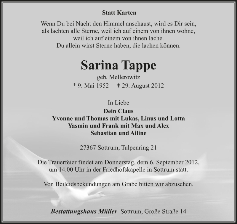  Traueranzeige für Sarina Tappe vom 01.09.2012 aus KRZ