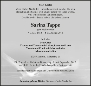 Traueranzeige von Sarina Tappe von KRZ