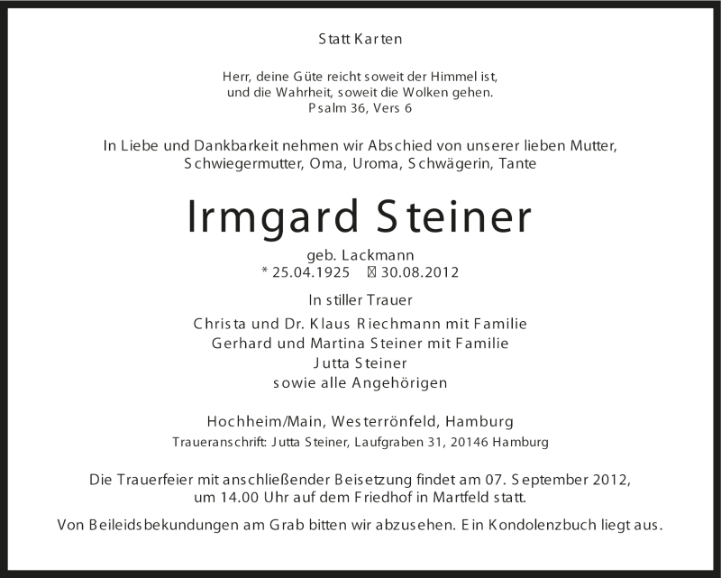  Traueranzeige für Irmgard Steiner vom 01.09.2012 aus KRZ