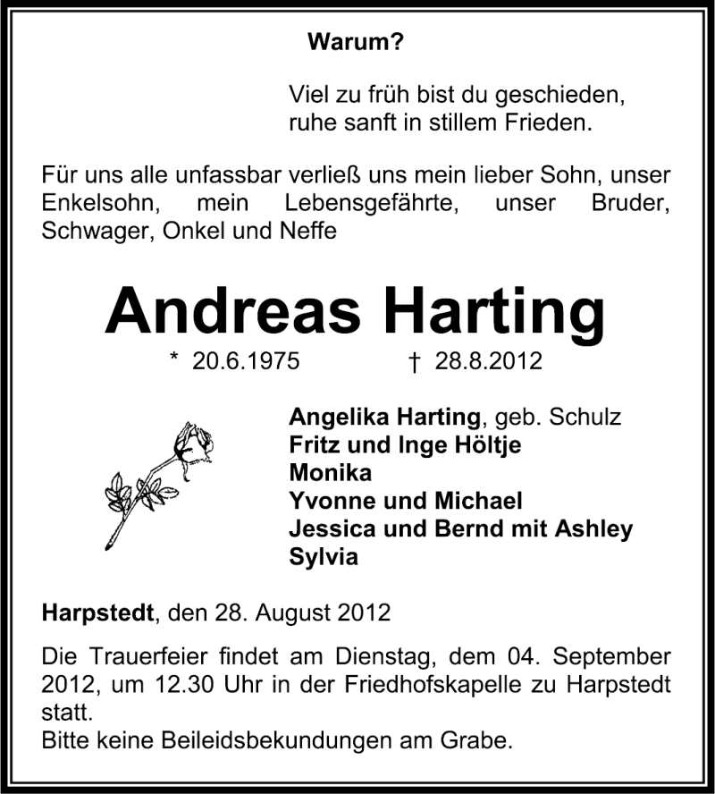  Traueranzeige für Andreas Harting vom 01.09.2012 aus KRZ
