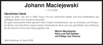 Traueranzeige von Johann Maciejewski von KREISZEITUNG SYKE